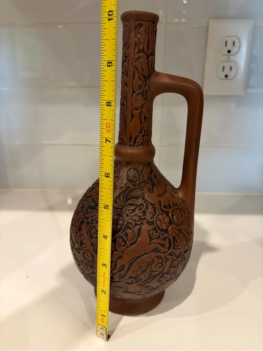 Vintage Handcrafted Brown Decorative Floral Pitcher Vase - Unbranded